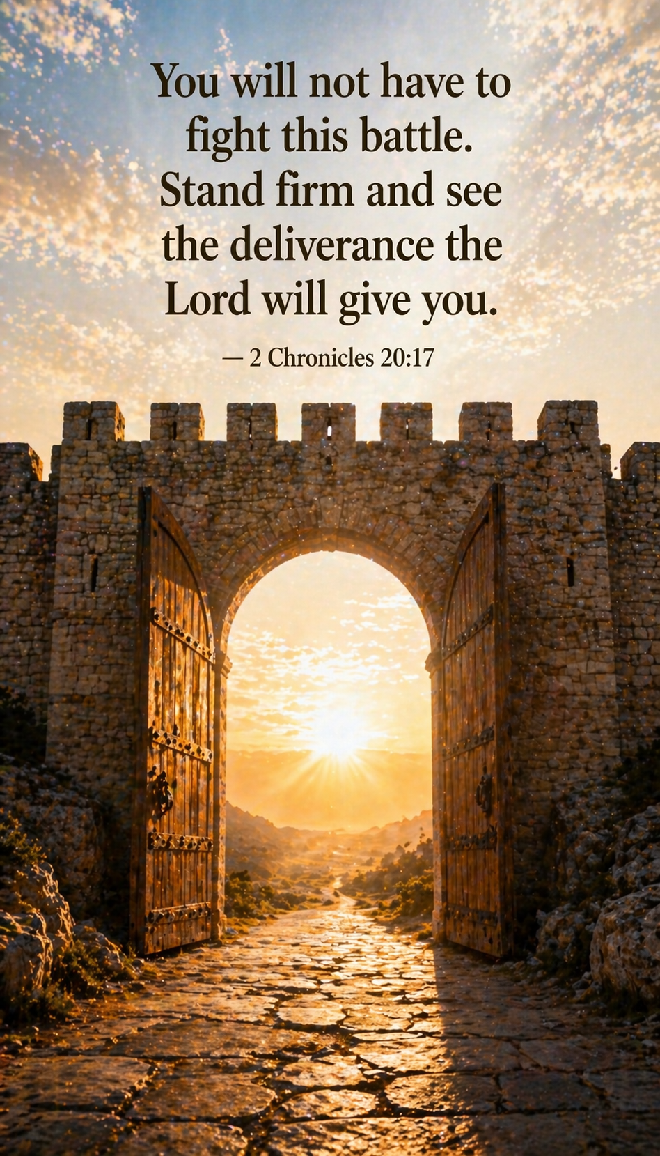 2 Chronicles 20:17 vertical wallpaper fortress gates open at dawn - battle belongs to the Lord